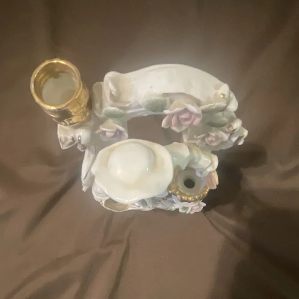 Vintage Porcelain Figurine Candle Holder Glossy White Gold Pink Floral